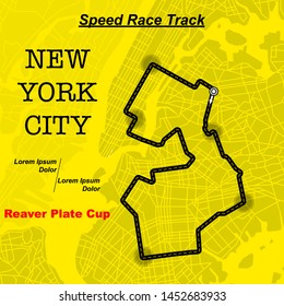 Yellow background with New York City map and race track