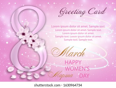 Yellow background with number 8 and Mimosa. Greeting card with spring flowers for international womens day March 8. Vector Illustration.