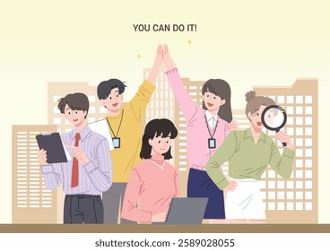 Yellow background, office worker group illustration.