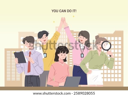 Yellow background, office worker group illustration.