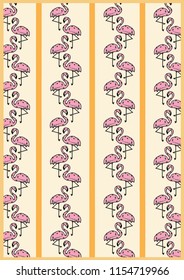 yellow background, orange stripes and pink flamingo hand drawn vector pattern design
