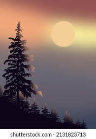 yellow background, orange sun in gradient color and tall tree, flyer