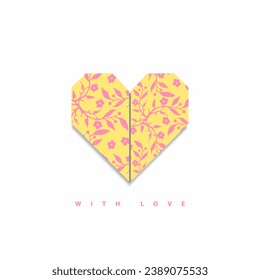 Yellow background origami paper heart, pink flowers, greeting card with copy space, paper craft, scrapbook