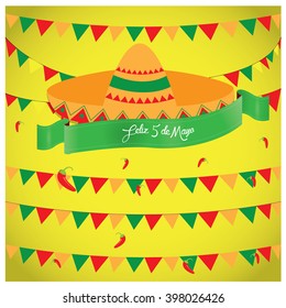 Yellow background with ornaments, text and a traditional hat. Happy Cinco de Mayo background.