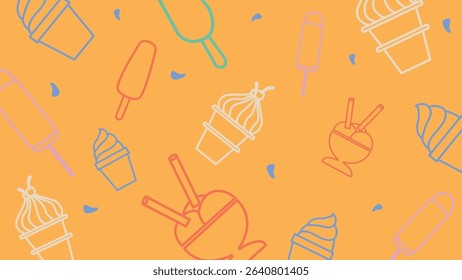 Yellow background with outlined popsicles, cones, sundae cups, and dessert elements in bold pastel colors. A delightful and sweet summer concept.