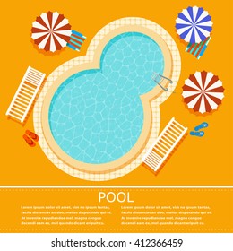 Yellow background with an oval swimming pool. Illustration pool to relax with umbrellas, sun beds and chairs. Advertising luxury vacation. Vector pool with clear water. Stock vector