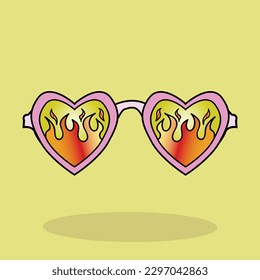 A yellow background with a pair of glasses with a flame design with a heart