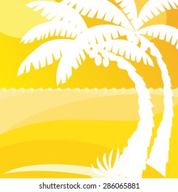 Yellow background with palm trees and ocean