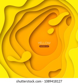 Yellow background with paper cut shapes. Vector illustration. 3D abstract carving art.