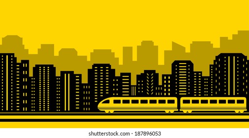 yellow background passenger train on black city silhouette