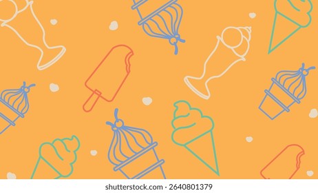 Yellow background with pastel and bold outlined desserts including cones, sundaes, and popsicles. A lively, summery and modern dessert composition.
