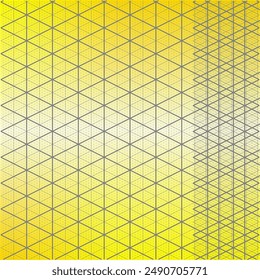 Yellow background with a pattern of overlapping triangles. The triangles create a sense of depth and dimension. The overall impression is one of optical illusion and dynamism.