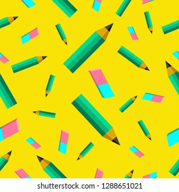 Yellow background pencil and eraser seamless vector pattern