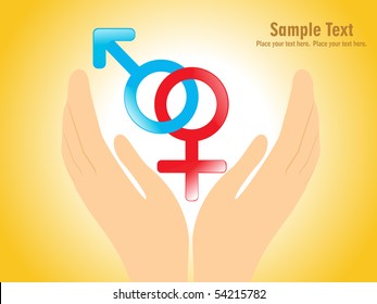 yellow background with people hand holding male and female symbol