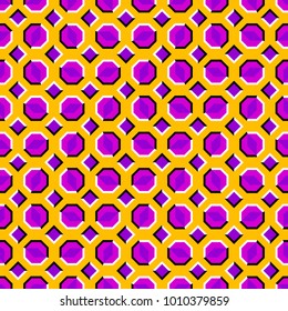 Yellow background with pink octagons and purple squares. Optical illusion of movement. Seamless pattern.