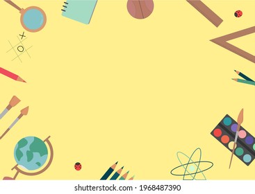 The yellow background is the place for the text. School supplies on the contour. Banner, poster, presentation, postcard, website design template. Vector illustration