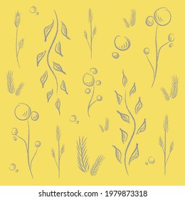 Yellow background with plants, leaves, branches. Pattern in the trend colors of the year, yellow and gray, natural cover for textile design, fabrics. Minimalism, hand drawing, summer, autumn.