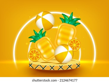 Yellow background podium for product display with neon light and summer elements. Fruit and toy inflatable pool float concept. Vector illustration.