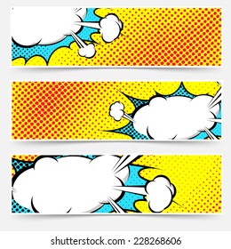 Yellow background pop-art explosion bubble set - comics book dotted web header or footer. Vector illustration