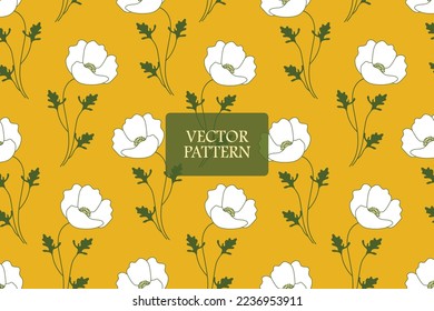 Yellow background poppy blooming white floral abstract seamless repeat pattern