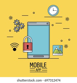 yellow background poster of mobile app with smartphone and common icons around