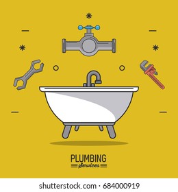 yellow background poster plumbing services with bathtub and plumbing icons on top