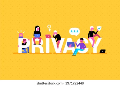 Yellow background with privacy word and fun people 