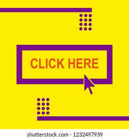 Yellow background with purple frame in the center. In the center of the frame is written click here. The cursor hovers over the caption.