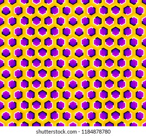 Yellow background with purple hexagons. Optical illusion of movement. Seamless pattern.