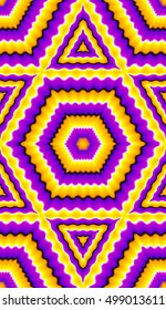 Yellow background with purple hexagons and triangles (optical expansion illusion). Seamless pattern.