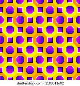 Yellow background with purple octagons and squares. Optical illusion of movement. Seamless pattern.
