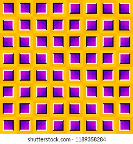 Yellow background with purple squares. Optical illusion of movement. Seamless pattern.