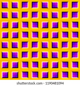 Yellow background with purple squares. Spin illusion. Seamless pattern.