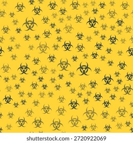Yellow background with repeating black biohazard symbols. 