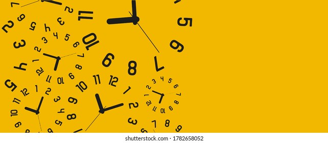 yellow background with round wall clocks.