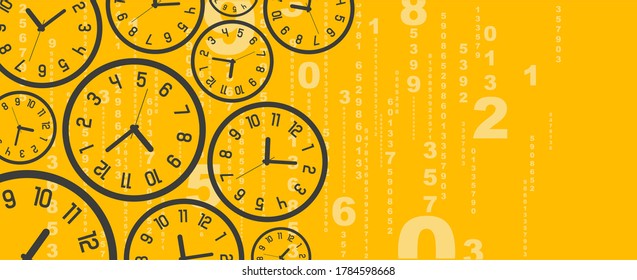 yellow background with round wall clocks.