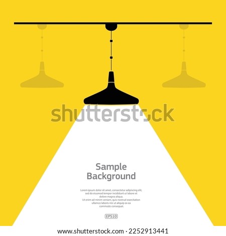 Yellow background with sample text and black lamp and white light. Ceiling light silhouette with shine line