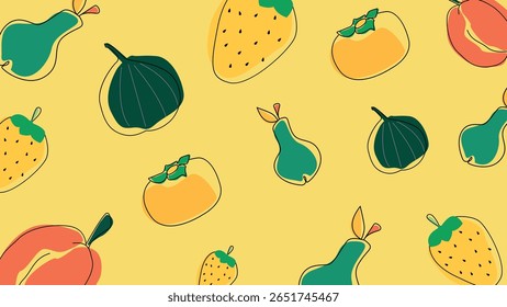Yellow background with scattered pears, figs, persimmons, and strawberries. Bright and juicy fruit layout perfect for food-related designs or summer concepts.