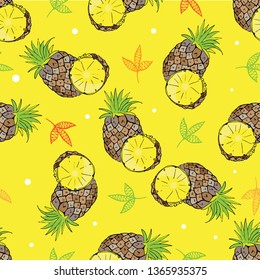 yellow background with scribbles pineapples and leaves abstract pattern