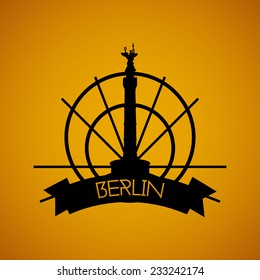 a yellow background with the silhouette of the Berlin victory column