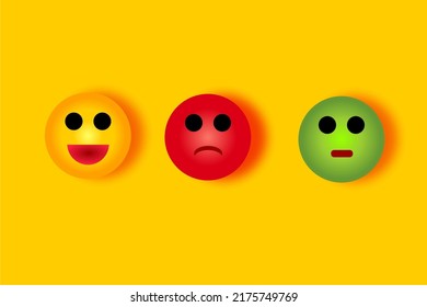 Yellow Background And Yellow Smiling Face, Green Normal, Red Agree. Cartoon On The Background. A Popular Symbol For The Internet Expressing Feelings.