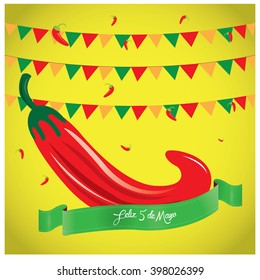 Yellow background with some ornaments and a pepper. Happy Cinco de Mayo background.