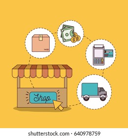 yellow background with store and steps of buy payment and delivery vector illustration
