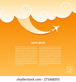 Yellow background with stylized sky plane and trace. Banner design for your airline. Vector illustration.