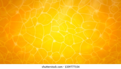 Yellow background. Surface Golden yellow liquid. Waves, flares. Detailed and realistic illustration. Overhead view. Texture. Vector nature background