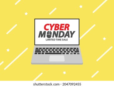 Yellow background with text for cyber monday on laptop screen. Holiday online shopping concept. Vector illustration