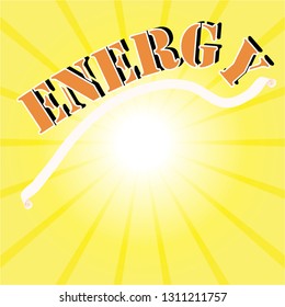 Yellow background with text energy and sun with rays. Relax and meditation.