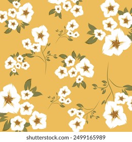 A yellow background with textile of flowers are distributed evenly, creating a balanced and aesthetically pleasing design