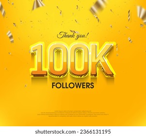 Yellow background thank you 100k followers, elegant luxury premium design. Premium vector background for achievement celebration design.