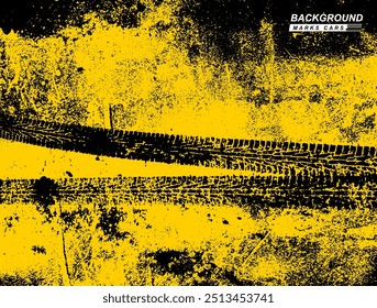 Fondo amarillo con marcas de Vector de rueda de neumáticos de coches. Ilustración vectorial de Plantilla para su diseño. Elemento grunge de la banda de rodadura del neumático automático. Patrón de neumático de coche, pista de la banda de rodadura del neumático de rueda. Estampado de neumático negro.